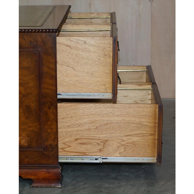 Burr Elm with Green Leather Top Four Drawer Filing Cabinet Part of Office Suite For Sale - Image 14 of 16