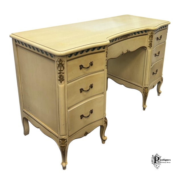 Wood Vintage Drexel French Shabby Chic Style Vanity & Chair For Sale - Image 7 of 12