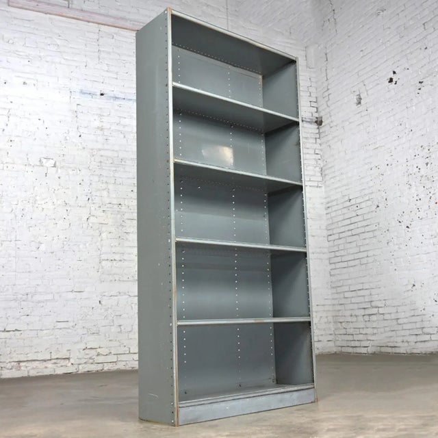 Mid to Late 20th Century Industrial Rustic Distressed Metal Shelving Bookcase or Display Unit For Sale - Image 9 of 12