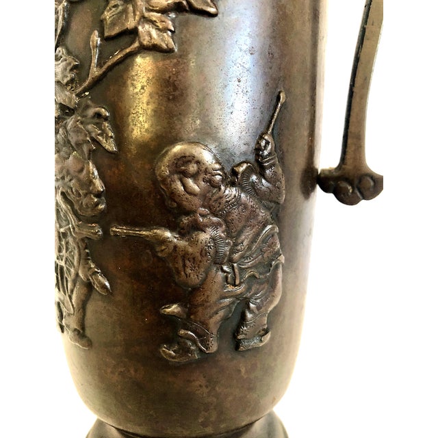 Japanese Meiji Era Patinated Bronze Vase With Peonies and a Child For Sale - Image 12 of 15