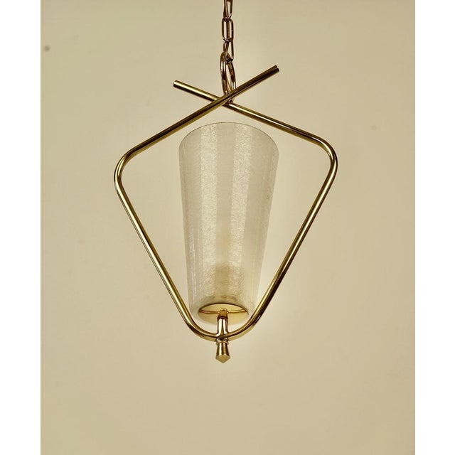 1950s Mid-Century Brass Pendant Lamp with Textured Glass Shade by R. Nikoll, Austria, 1958 For Sale - Image 5 of 14