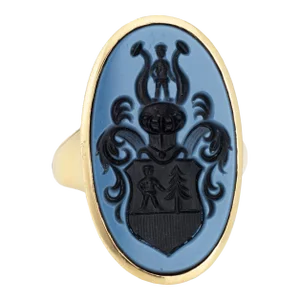 Vintage Large 14k Yellow Gold Blue Agate Family Crest Signet Oval Ring Size 6