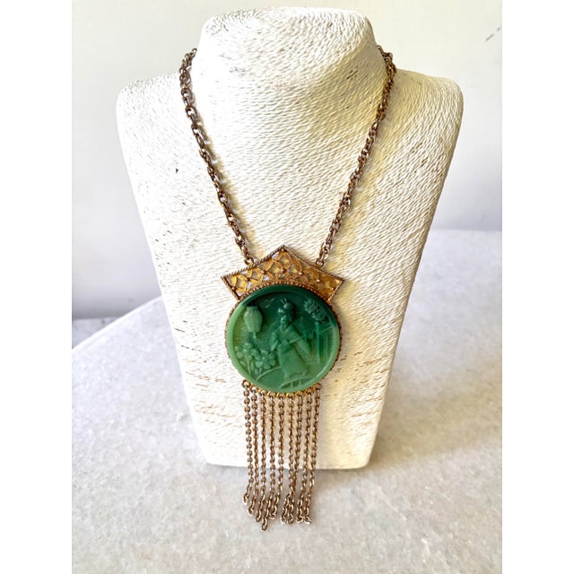 Stunning BoHo statement necklace, mid-century, modern jade colored acrylic pendant with gold tone, metal chains.
