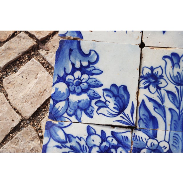 Ceramic Tile Mural Panel Depicting a Vase With Rocaille Flowers, Portuguese, 18th Century For Sale - Image 7 of 16