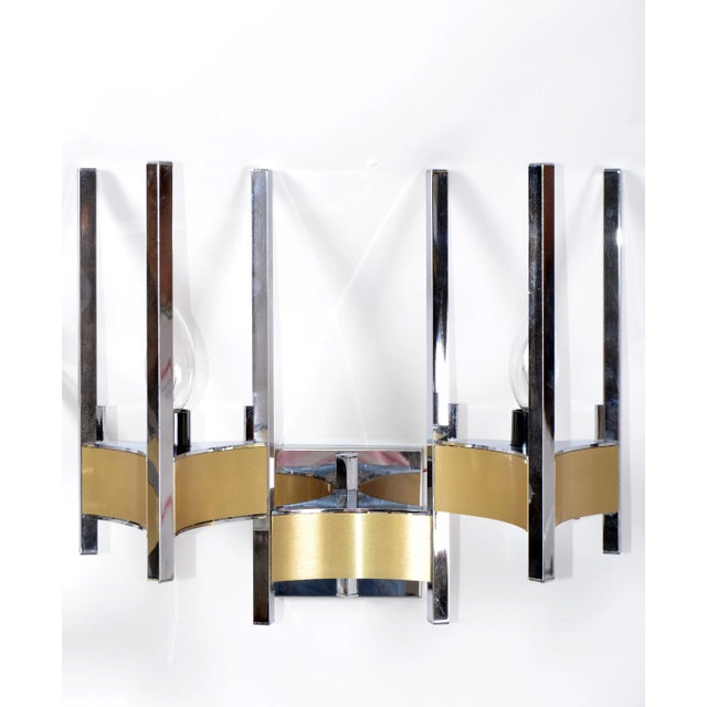 Mid-Century Modern Gaetano Sciolari Two Lights Wall Sconces Brass & Chrome, Italy 1970s - Pair For Sale - Image 3 of 10
