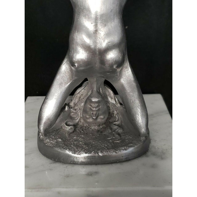 1980s Vintage Art Nouveau Nude Head Stand Metal Sculpture on Marble Stand / Ring Caddy For Sale - Image 6 of 11