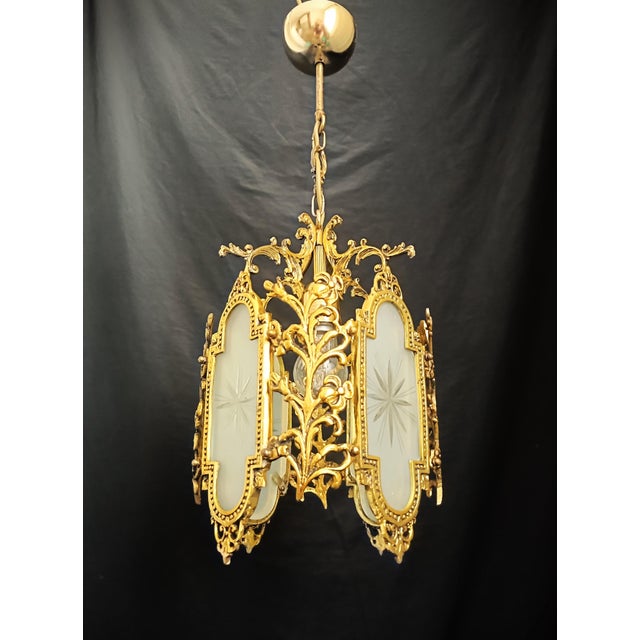 Vintage Brass Chandelier Pendant Light French Style Floral Glass Ceiling Fixture For Sale - Image 4 of 12