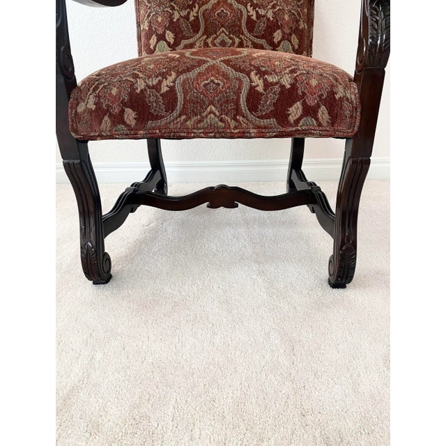 Vintage French Louis XIV Style Throne Carved Open Armchairs Upholstered Seat and Back Excellent Condition For Sale - Image 10 of 17