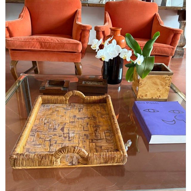 Brown Hollywood Regency Wicker Tray, Vivai Del Sud Italy Ca. 1970 For Sale - Image 8 of 11