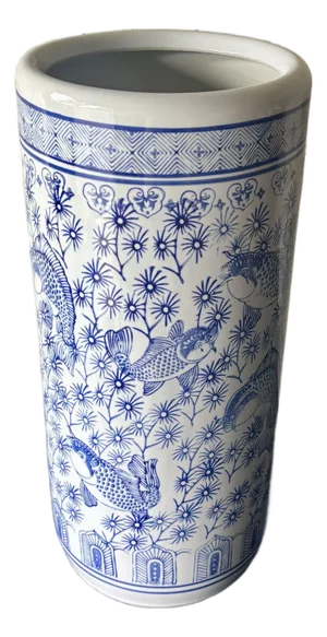 Vintage Chinese Blue and White Porcelain Fish Umbrella Stand