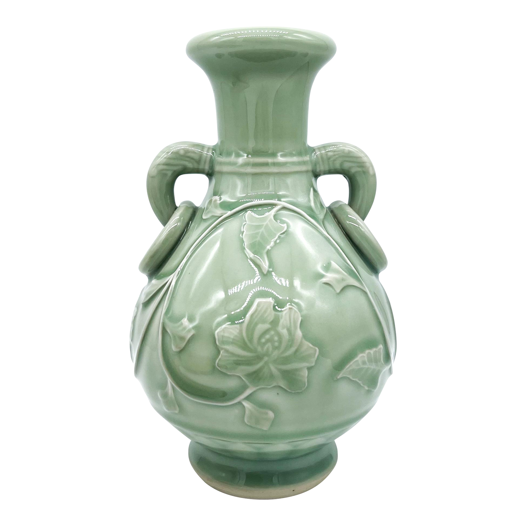 Mid-Century Chinese Celadon Vase With Floral Relief & Dual Handles