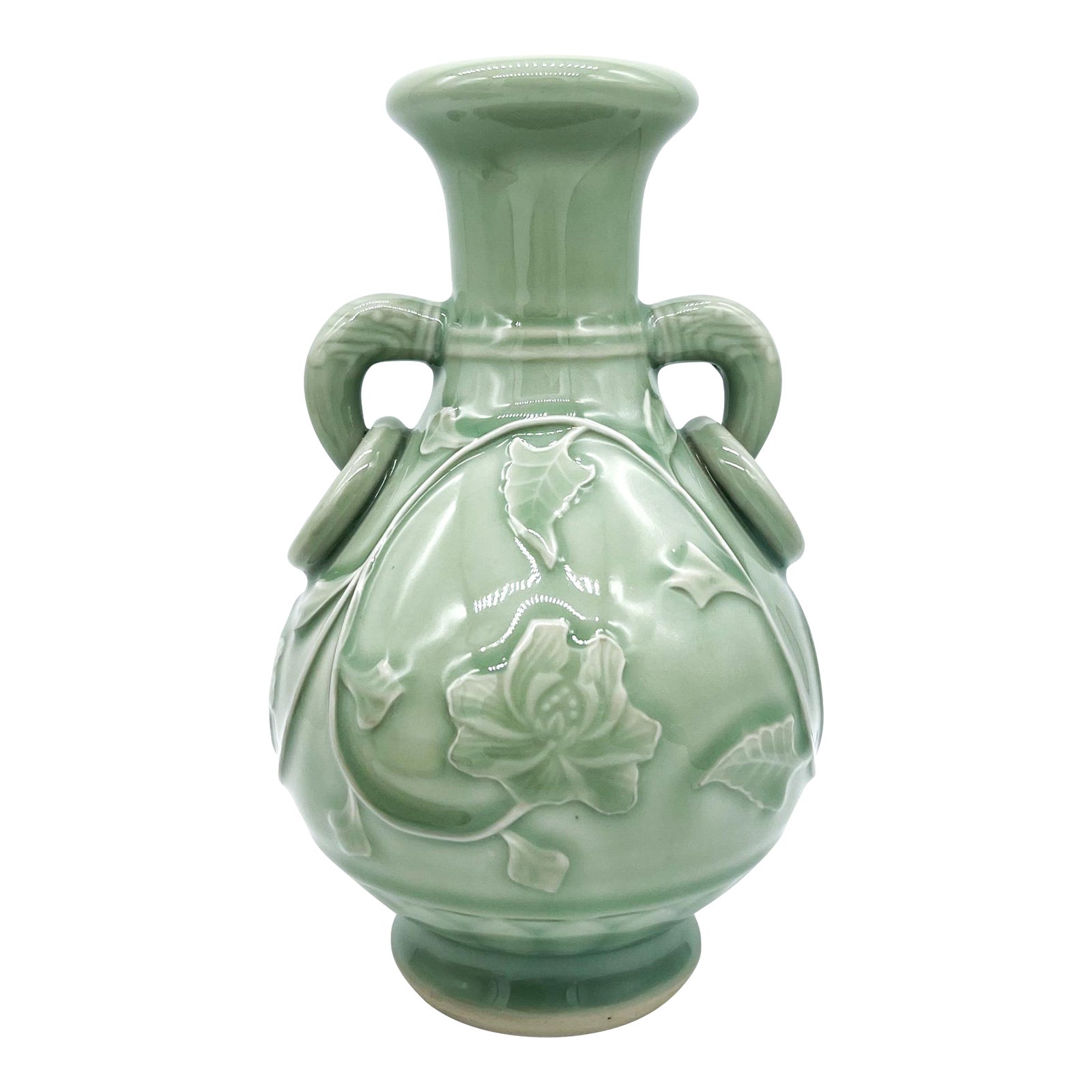 Mid-Century Chinese Celadon Vase With Floral Relief & Dual Handles