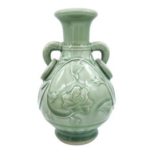 Mid-Century Chinese Celadon Vase With Floral Relief & Dual Handles – Asian Revival / Chinoiserie / Traditional Elegance