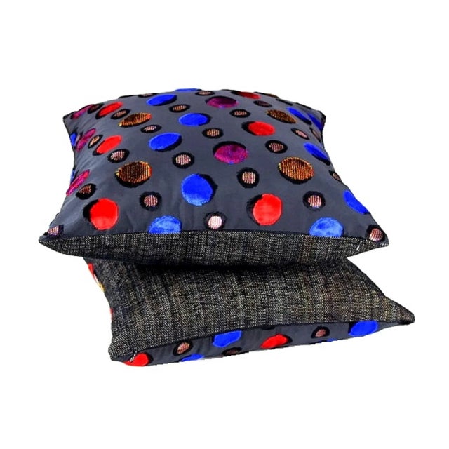 Multicolor Velvet Polka Dot Black Italian Silk Pillows- a Pair For Sale - Image 9 of 12
