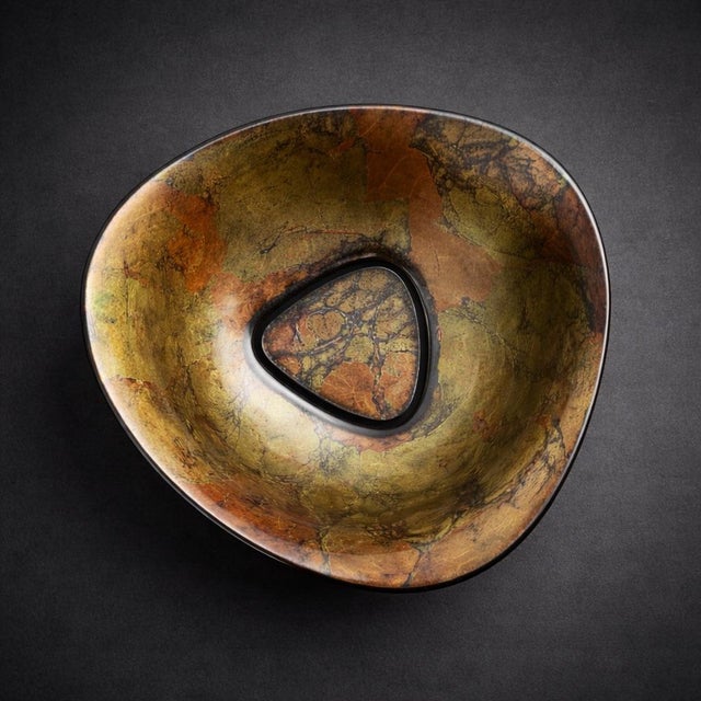 Mid-Century Modern Vintage Fused Art Glass Bowl With Triangular Base – Mid-Century Modern Sculptural Centerpiece For Sale - Image 3 of 9