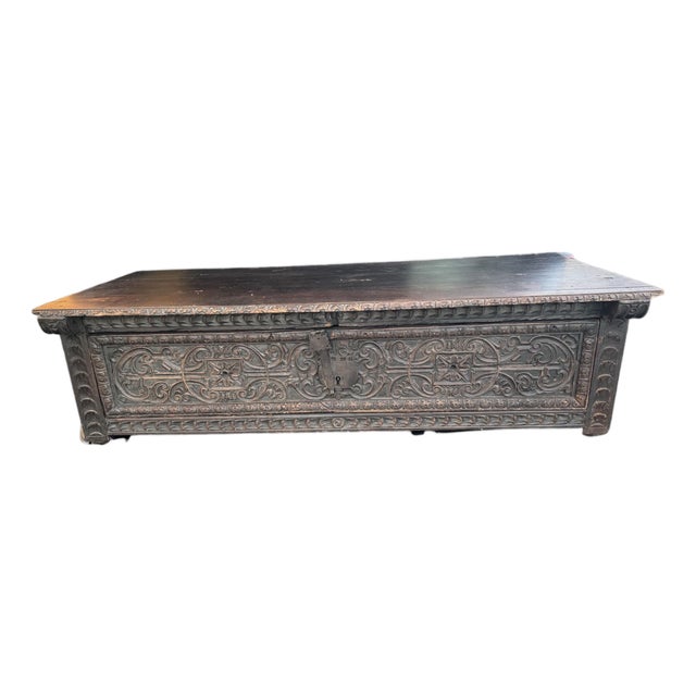 Antique Carved Wood Cassone Blanket Chest Trunk Coffee Table 60” Renaissance For Sale