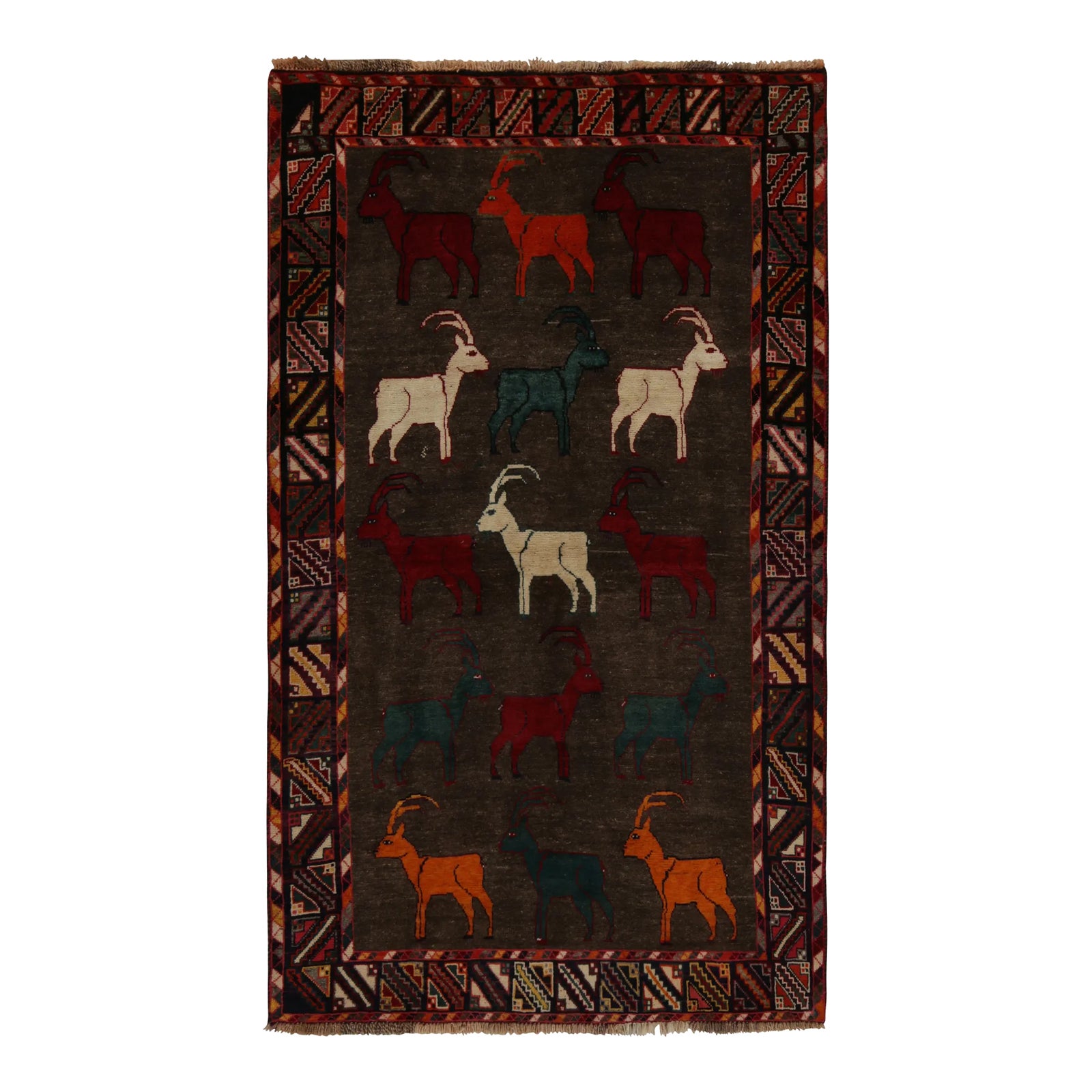 1950s Vintage Gabbeh Tribal Rug in Brown With Multicolor Ram Pictorial ...