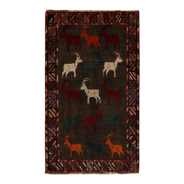 1950s Vintage Gabbeh Tribal Rug in Brown With Multicolor Ram Pictorial Patterns For Sale