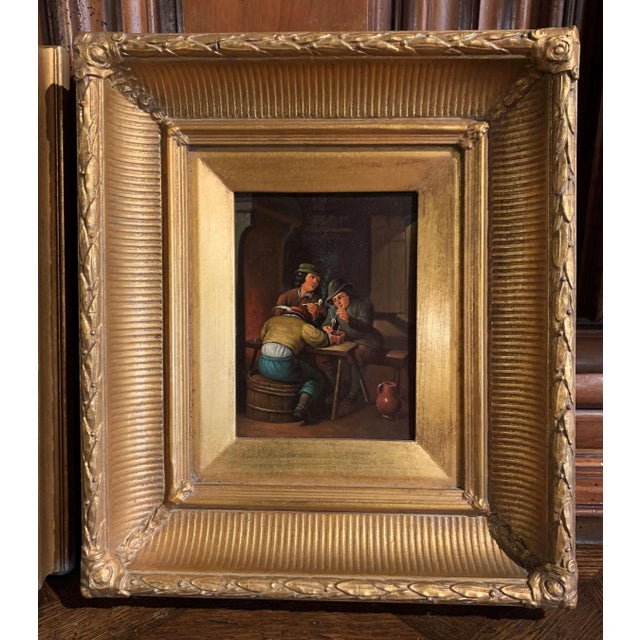 Baroque Pair of 19th Century Flemish Tavern Scene Oil Paintings on Copper For Sale - Image 3 of 12