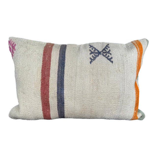 Turkish Hemp Pillow Cushion Natural Beige Orange Pillow Cushion Cover 16" x 24" For Sale