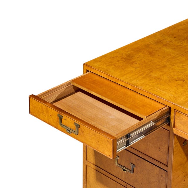 John Widdicomb Mid Century Burlwood and Brass Campaign Executive Desk For Sale In Chicago - Image 6 of 11