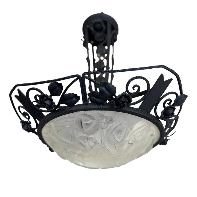 Art Deco Wrought Iron Suspension with Roses from Verrerie d'Art Degué, 1925 For Sale