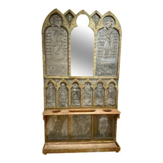 Antique French Gothic Revival Repousse Hall Umbrella Rack With Mirror For Sale
