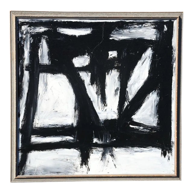 Vintage Midcentury Modern Monochromatic Abstract Geometric Painting, Framed, Manner of Franz Kline For Sale