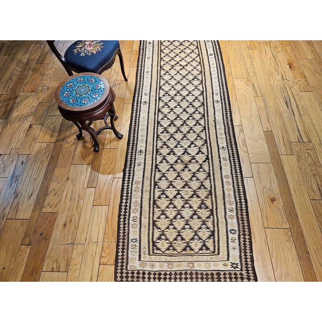 Textile Vintage Persian Qazvin Tribal Kilim Runner, Handwoven Wool, Allover Paisley Pattern, Tan & Brown, 3x11 For Sale - Image 7 of 18