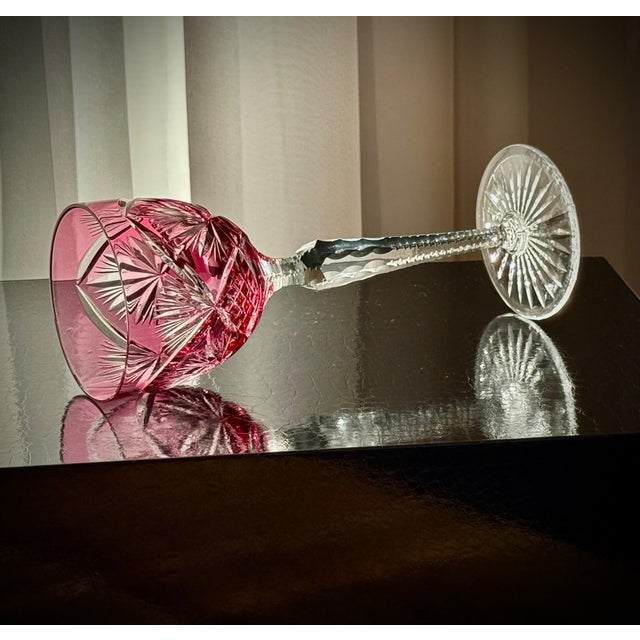 Ruby Cut Crystal Hock Glasses with Peacock and Starburst Cutting, 1950, Set of 6 For Sale - Image 12 of 18