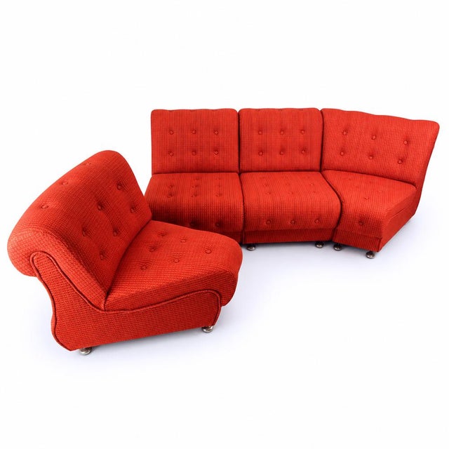A striking vintage modular sofa produced by tatra pravenec in czechoslovakia during the 1970s. This exceptional mid-...