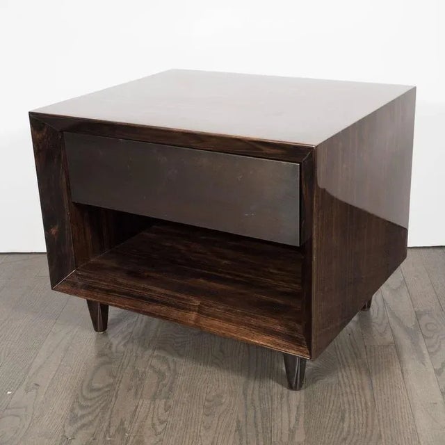 Modernist Macassar Nightstands / End Tables with Bronze Paneled Drawers - a Pair For Sale - Image 4 of 10