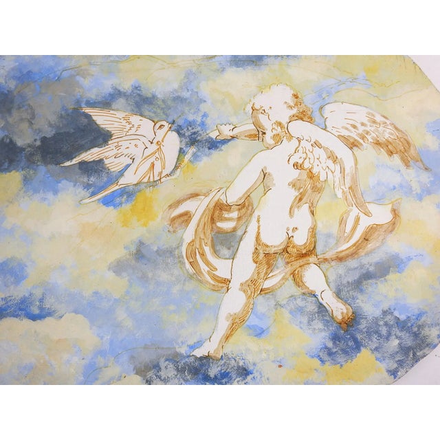 Gouache on wood panel painting of putti and a peace dove in the clouds. Unsigned, cut into an oval shape. Unframed, no...