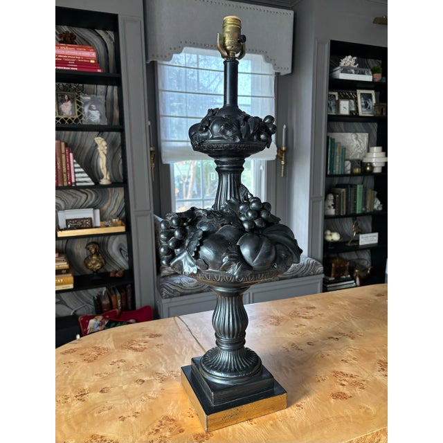 1960s dual tiered topiary lamp by Paul Hansen. Exquisitely detailed figural topiary design in satin black porcelain. Began...