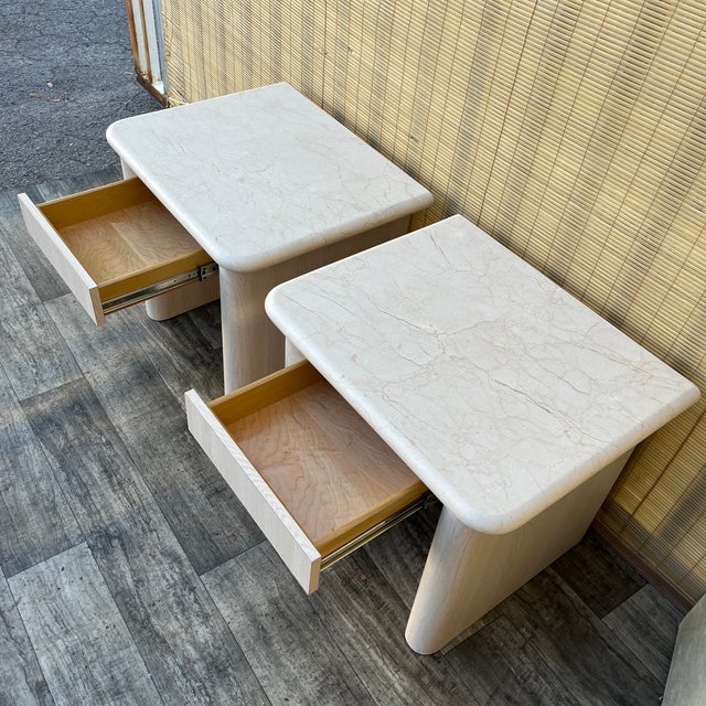 A Pair of Postmodern Custom-Made, Bull-Nose Marble Top Nightstands. Circa 1990s For Sale - Image 12 of 18
