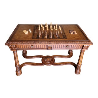 Butler Specialty Carved Wood Game Table With Inlaid Chess & Backgammon Surface For Sale