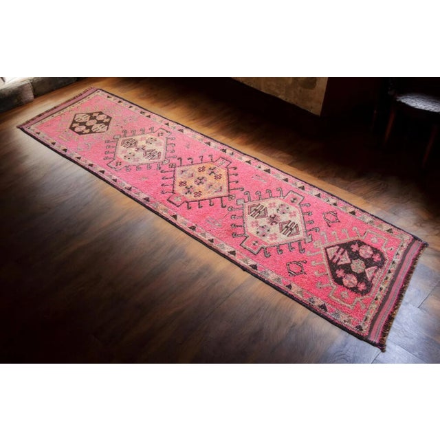 Pink Kurdish Runner Rug. Hand-Knotted Tribal Turkish Runner - 3′3″ × 12′ For Sale - Image 14 of 15