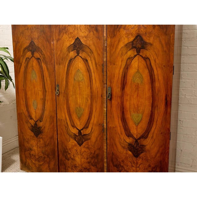 Vintage Art Deco Burl Wood Wardrobe Armoire With Hand-Painted Botanical Doors For Sale In Los Angeles - Image 6 of 9
