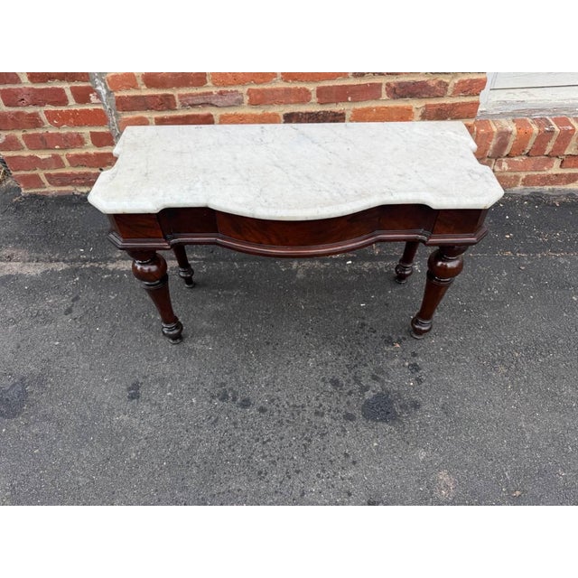 Antique Victorian Marble Top Flame Mahogany Low Console Table For Sale In Washington DC - Image 6 of 16