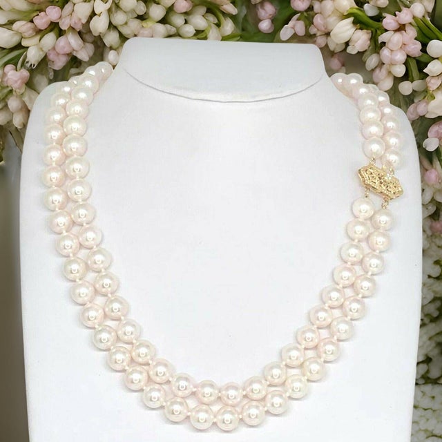 1990s Diamond Akoya Pearl Necklace 8 Mm 14k Gold 17 in 2-Strand Certified For Sale - Image 9 of 16