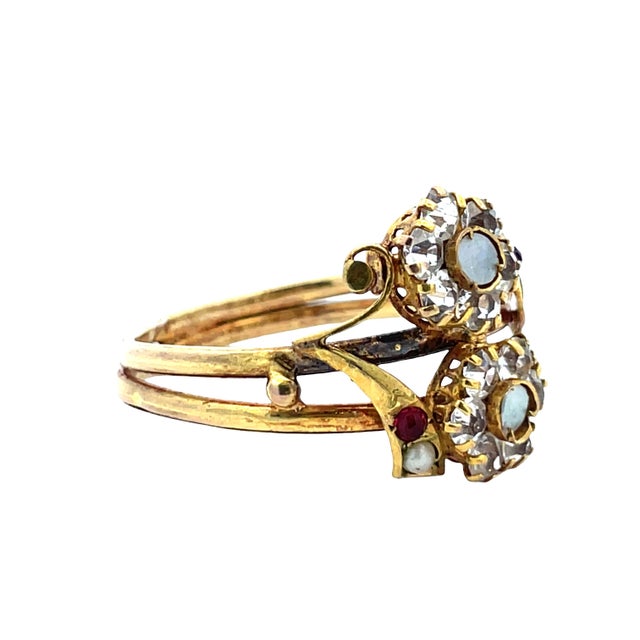 Mid 20th Century Antique Solid Gold Mother of Pearl and Crystal Flower Design Ring, Size 11 For Sale - Image 5 of 9