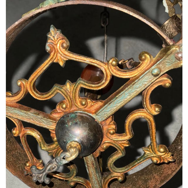 1920s Arts and Crafts, Art Deco Polychrome, Iron and Wood 3 Light Chandelier For Sale - Image 4 of 9