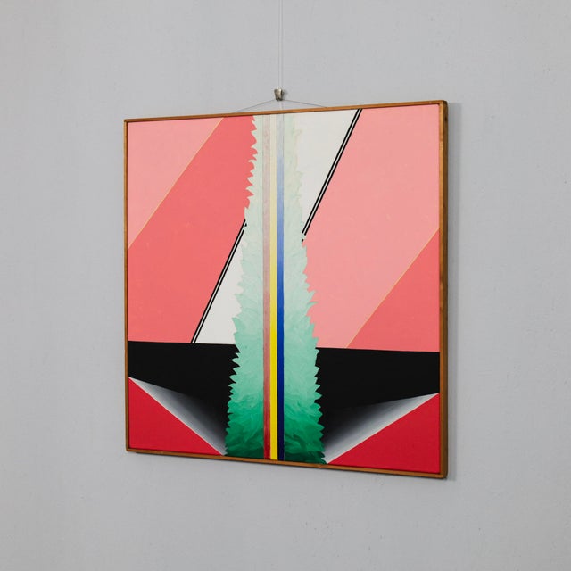 This abstract painting by robin deirkauf, created in 1973 in the netherlands, reflects a strong geometric sensibility...