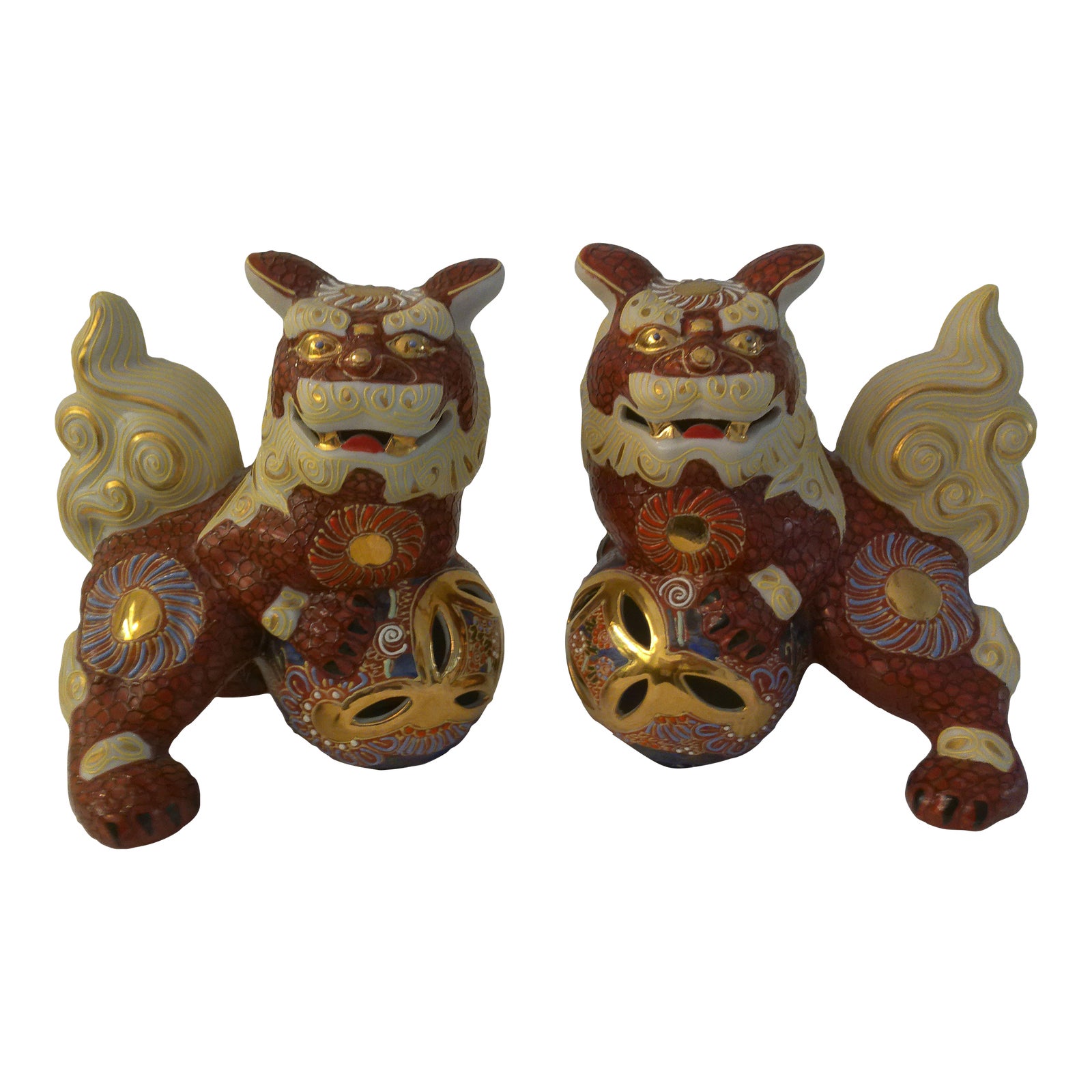 Vintage Japanese Kutani Cinnabar Shaded Foo Dogs, a Pair Chairish