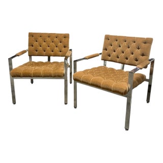 1970s Pair of Vintage Milo Baughman for Thayer Coggin Attributed Chrome and Tufted Mohair Chairs For Sale