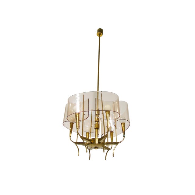 Goldenrod Vintage Brass Pendant Lamp with Violet Acrylic Glass Shades from Stilux Milano, 1960s For Sale - Image 8 of 8
