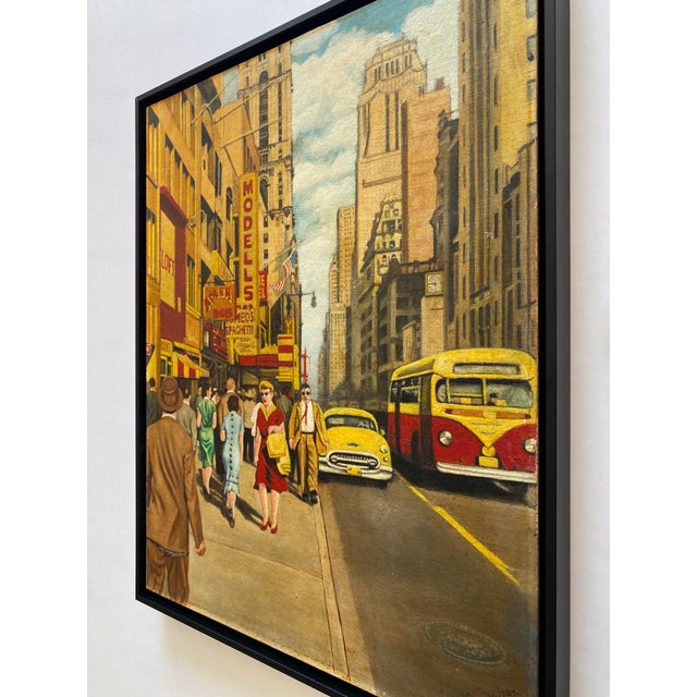 Dave Milton Vintage 1959 Mid Century Modern Edward Hopper Style " 42nd Street and Fifth Avenue, New York City " Framed Original Realist Oil Painting For Sale - Image 14 of 18