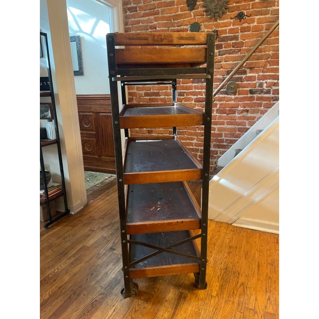 Brown Antique Industrial Neverax Wood and Iron Rolling Open Shelving Unit For Sale - Image 8 of 9