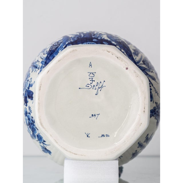 Large Blue and White Hand-Painted Table Lamp with New Terracotta Silk Lampshade from Royal Delft, 1948 For Sale - Image 15 of 16