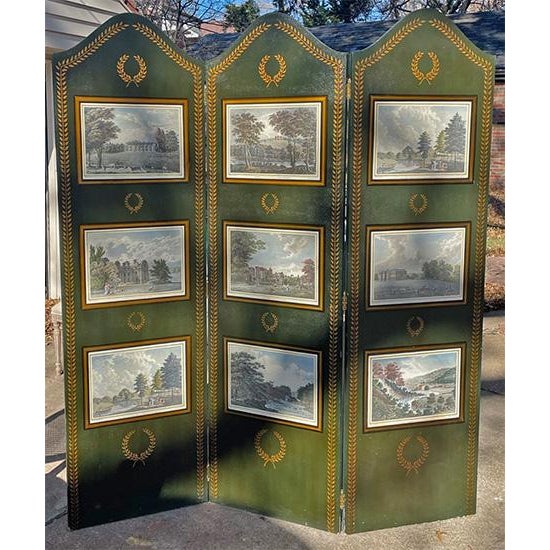 This exquisite Maitland-Smith 3-panel screen features detailed depictions of country houses in England, with each home...